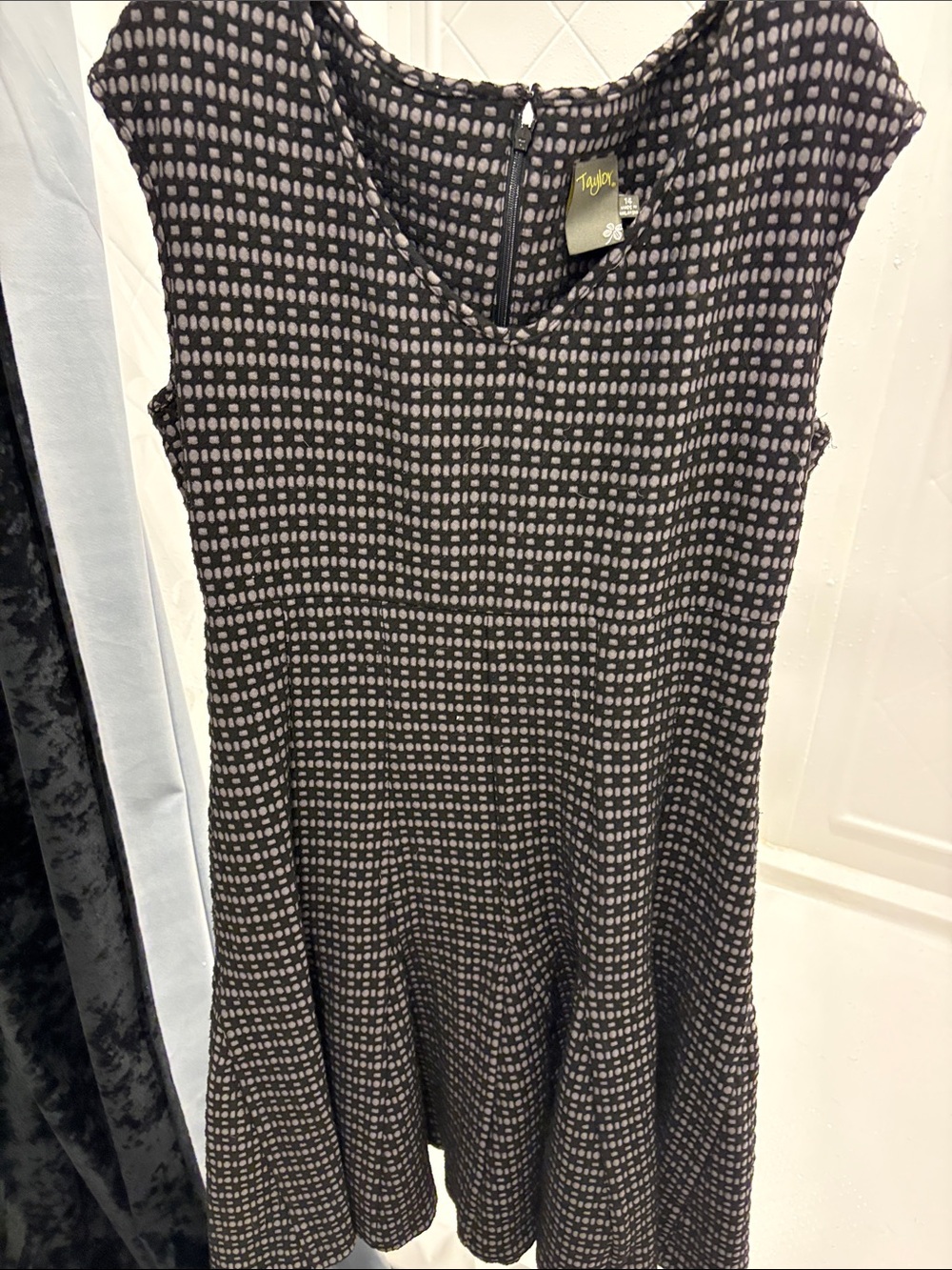 Taylor Black Dress with Taupe Dot Pattern, Midi A-Line